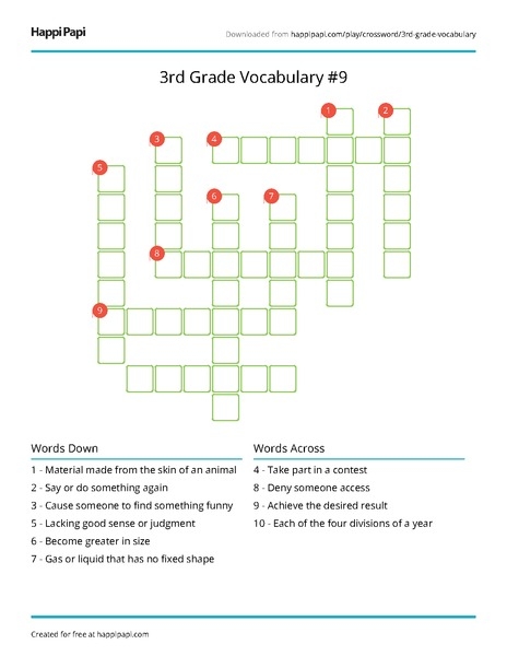 A young student solving a colorful vocabulary crossword puzzle with third grade level words and clues