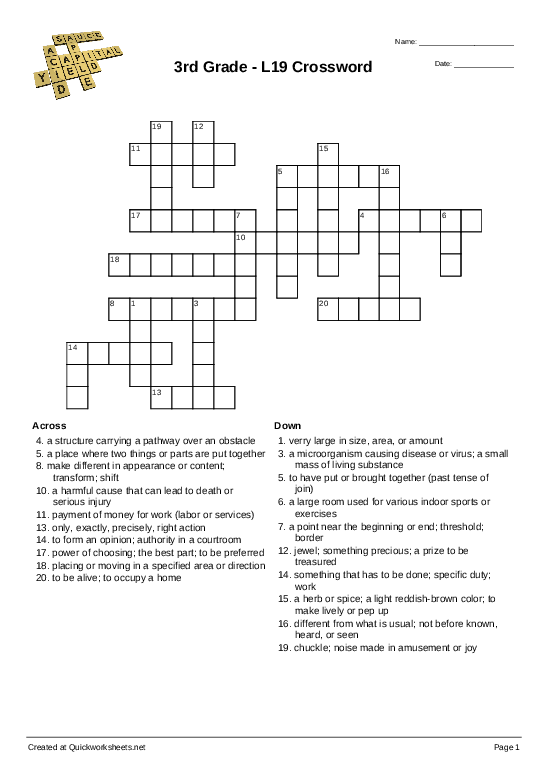 A third grade student completing a vocabulary crossword puzzle with grade-appropriate words and clues