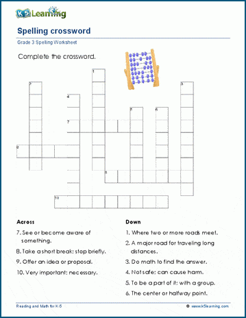 3rd grade vocabulary crossword worksheet featuring educational spelling challenges