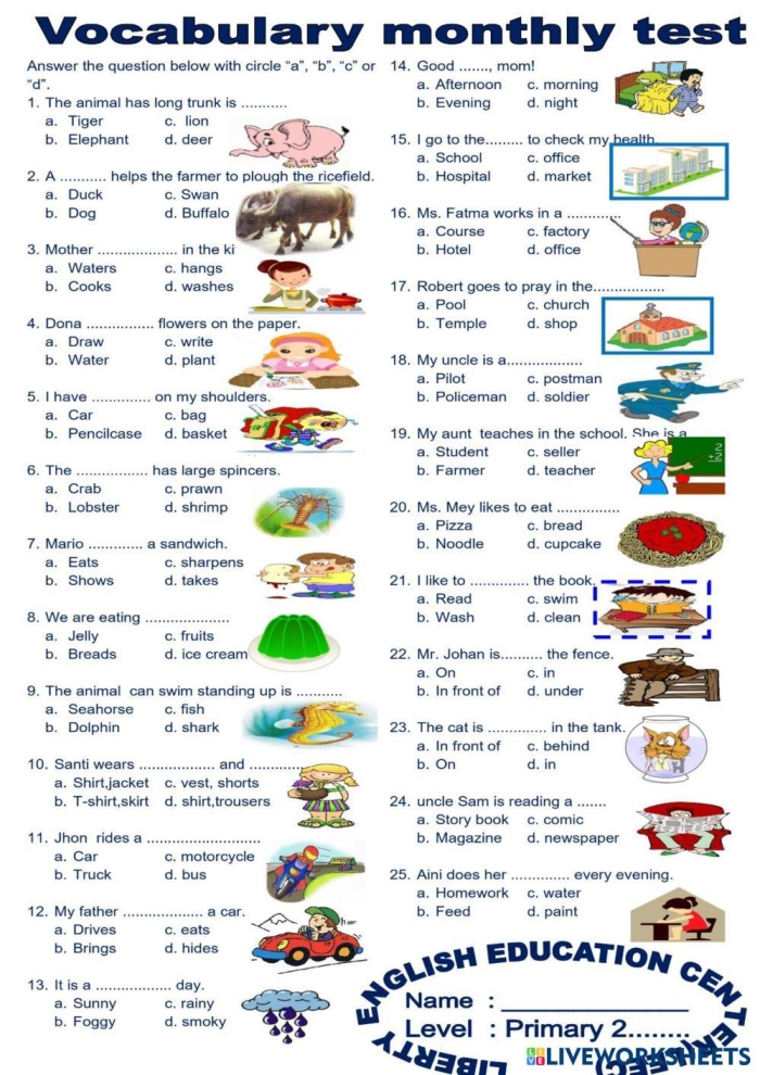 Vocabulary practice test worksheet for first graders to enhance spelling skills