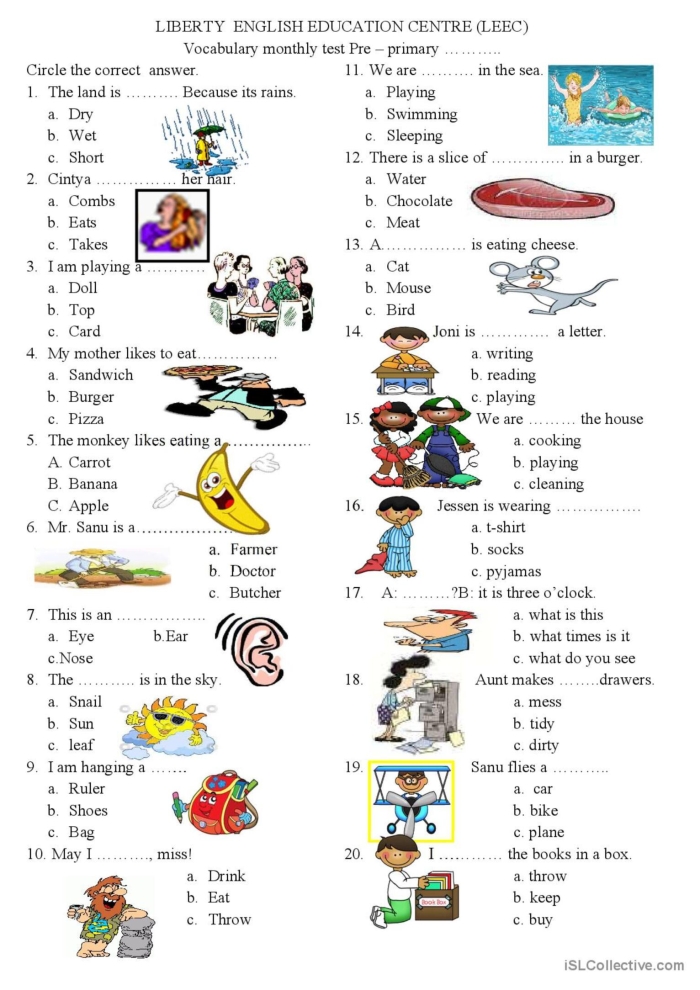 Vocabulary practice test worksheet designed for first graders to enhance their spelling skills