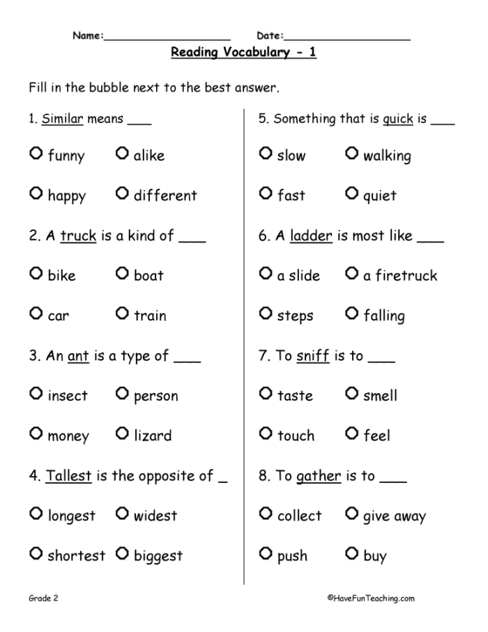 Vocabulary practice test worksheet for first graders to enhance spelling skills