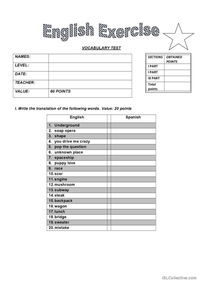 Vocabulary practice test worksheet for first graders to enhance their spelling skills
