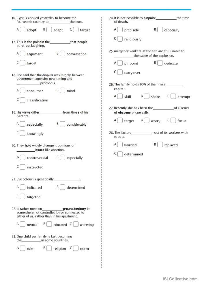 Vocabulary practice test worksheet for first graders focusing on spelling skills
