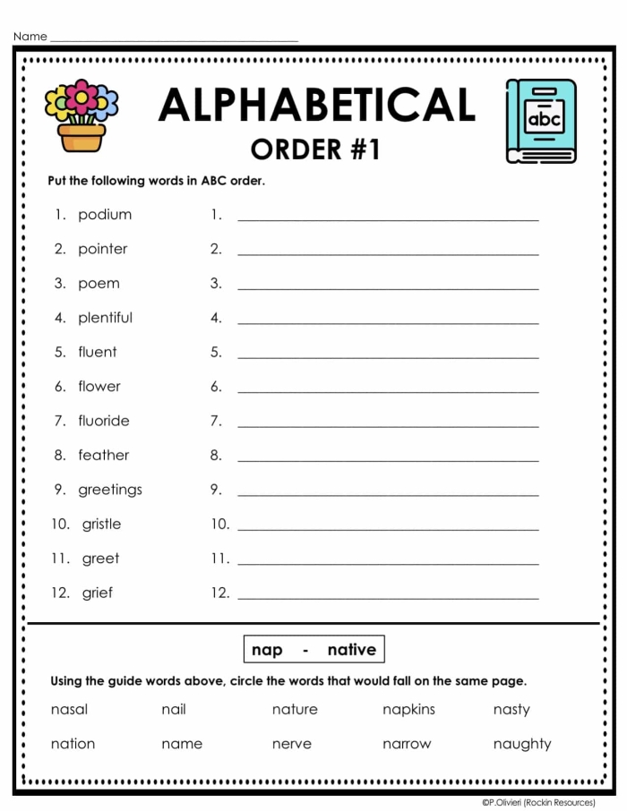 Vocabulary Practice worksheet featuring alphabetical order and synonyms for third graders