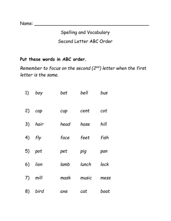 Vocabulary practice worksheet focusing on alphabetizing, synonyms, and antonyms for third graders