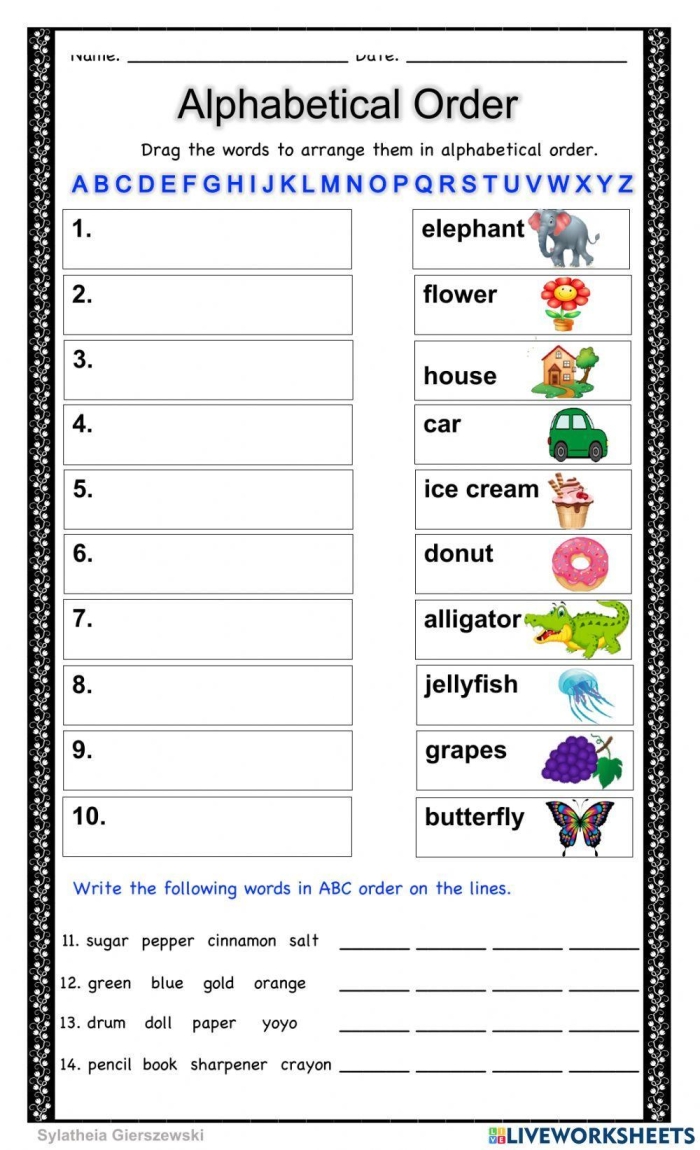 Worksheet featuring vocabulary exercises on alphabetizing and synonyms for third graders