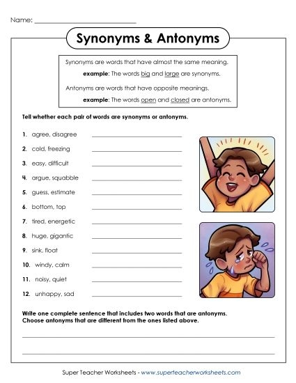 Synonyms and Antonyms worksheet for third graders focusing on word meanings
