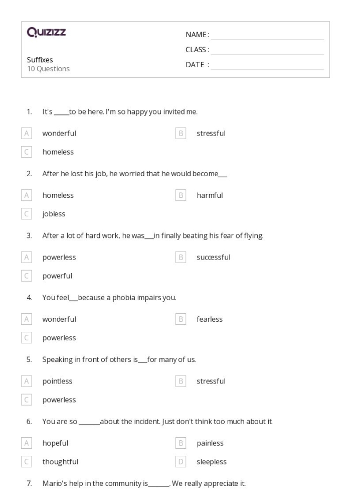 Fourth grade students practice identifying and building new words with this suffixes worksheet number 22
