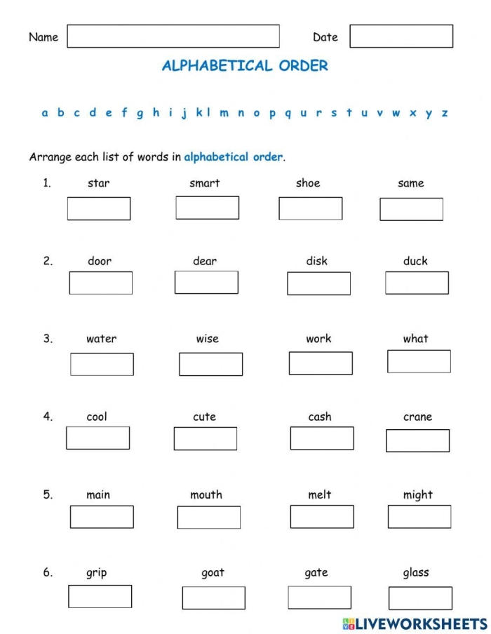 Vocabulary practice worksheet featuring alphabetical order, synonyms, and antonyms for third graders