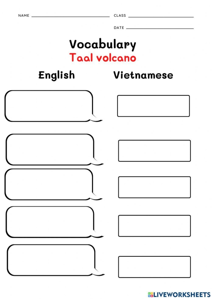 Colorful worksheet for kindergartners to learn about volcano parts through cut-and-paste activities