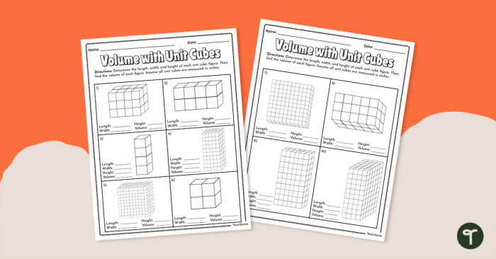Fifth grade math worksheet showing volume calculations based on area of the base and height