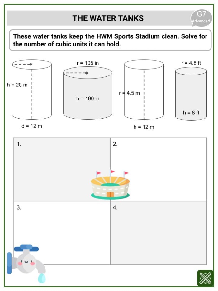 Worksheet showing formulas for calculating the volume of cylinders, cones, and spheres for eighth-grade students