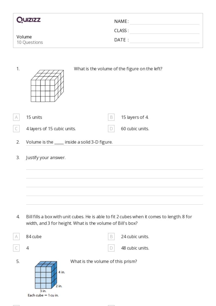 Fifth grade science worksheet exploring container capacity and volume calculations