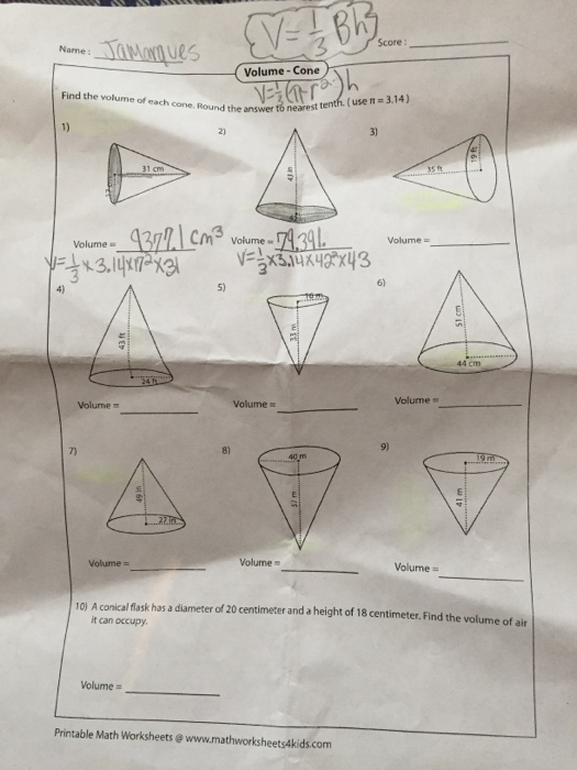 Volume of Cones worksheet for Eighth Grade