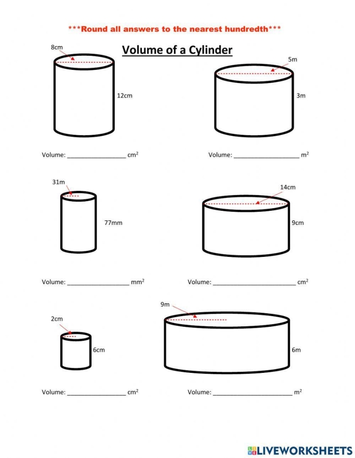 Worksheet example for calculating the volume of cylinders aimed at eighth-grade students