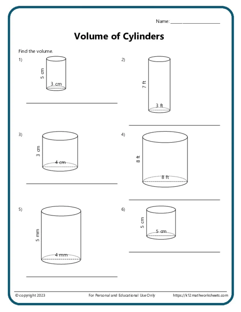 Eighth grade math worksheet showing examples and practice problems for calculating the volume of cylinders