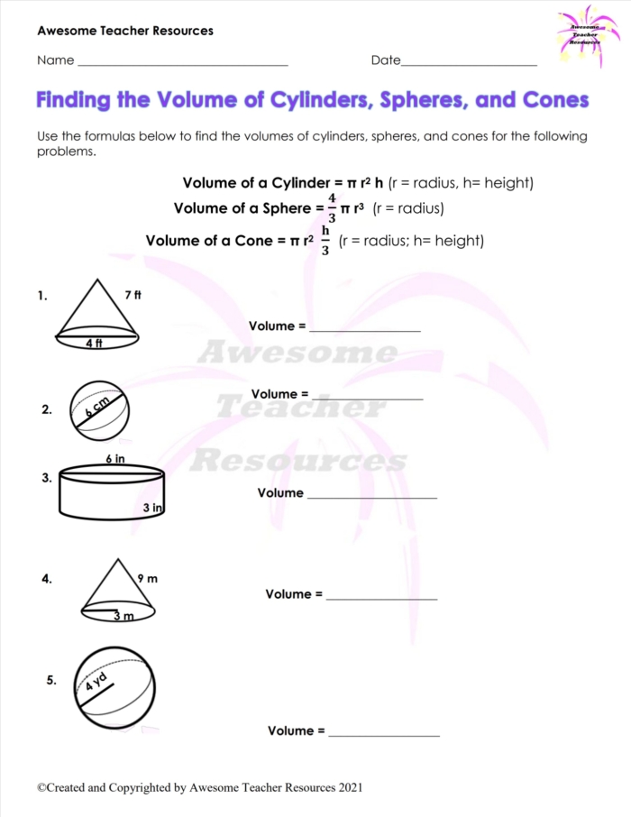 Eighth grade geometry handout explaining how to calculate the volume of cylinders cones and spheres