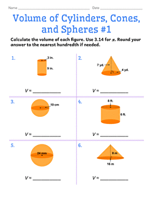 Eighth grade geometry worksheet featuring formulas and examples for calculating the volume of cylinders, cones, and spheres