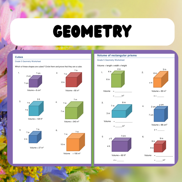 Worksheet featuring calculations of volume for rectangular prisms and cubes with fractions