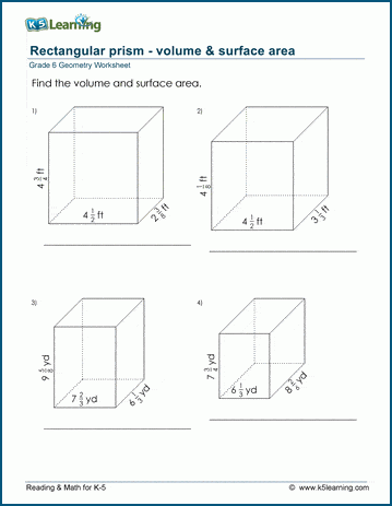 Sixth grade math worksheet showing geometry problems for calculating the volume of rectangular prisms and cubes with fractional sides