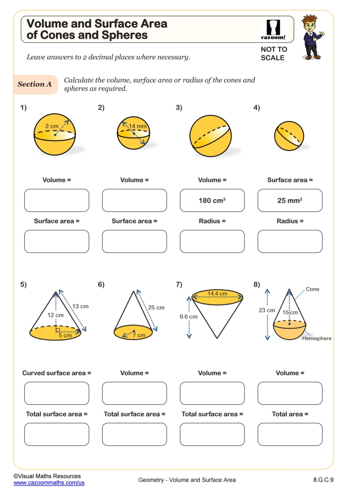 Eighth grade geometry handout explaining the formulas for finding the volume of cylinders cones and spheres