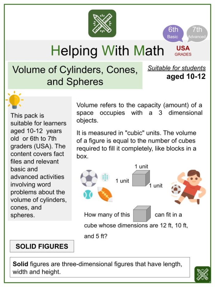 Eighth grade geometry worksheet featuring formulas and examples for calculating the volume of cylinders, cones, and spheres