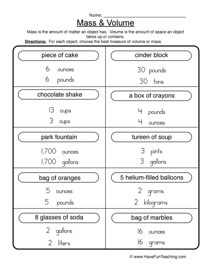 Fifth grade science worksheet exploring the concept of volume for containers and their contents