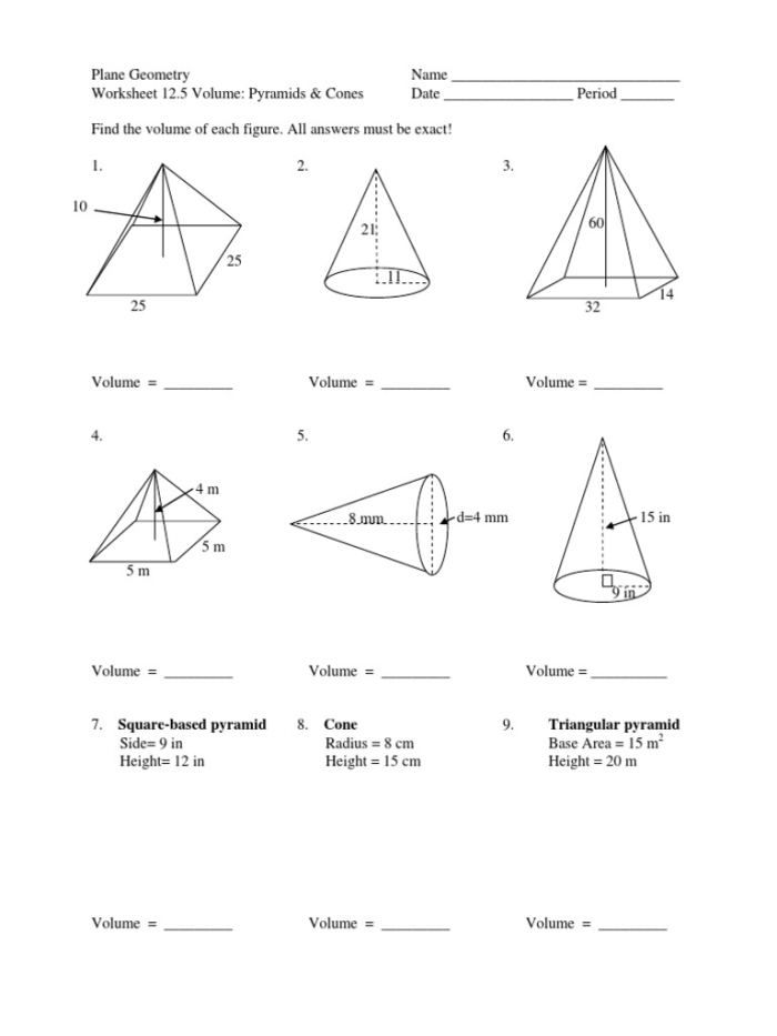 Eighth grade student working through volume of cone problems on a geometry practice worksheet with formulas and diagrams