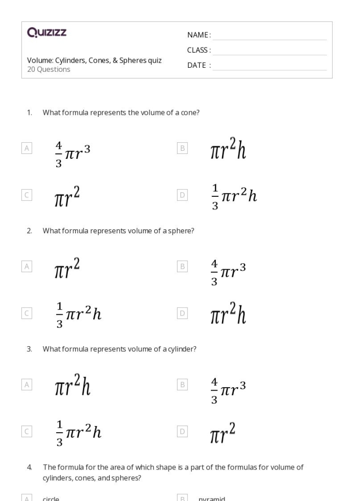 Eighth grade geometry worksheet featuring multiple math problems for calculating the volume of cones
