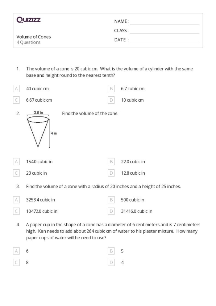Eighth grade student solving volume of cone problems on a geometry worksheet with formulas and diagrams