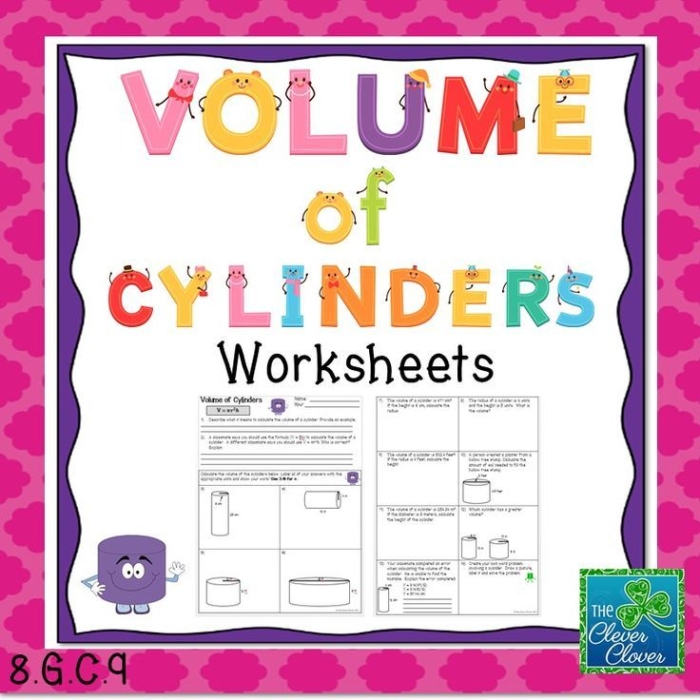 Volume of Cylinders worksheet for eighth graders focusing on geometry and subtraction practice