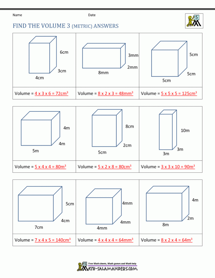 Worksheet featuring various right prisms for calculating volume in seventh-grade geometry