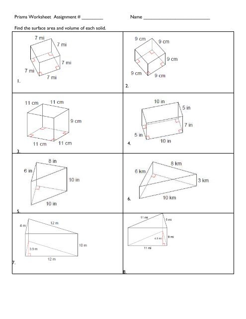 Worksheet featuring various right prisms for calculating volume aimed at seventh graders