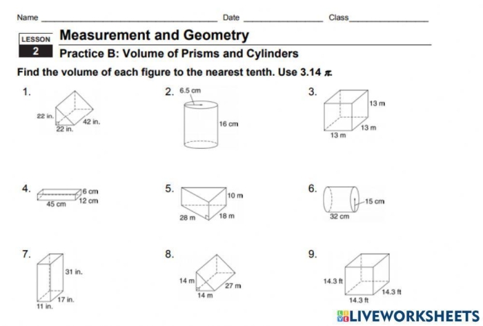 Seventh grade geometry worksheet featuring practice problems on calculating the volume of various right prisms