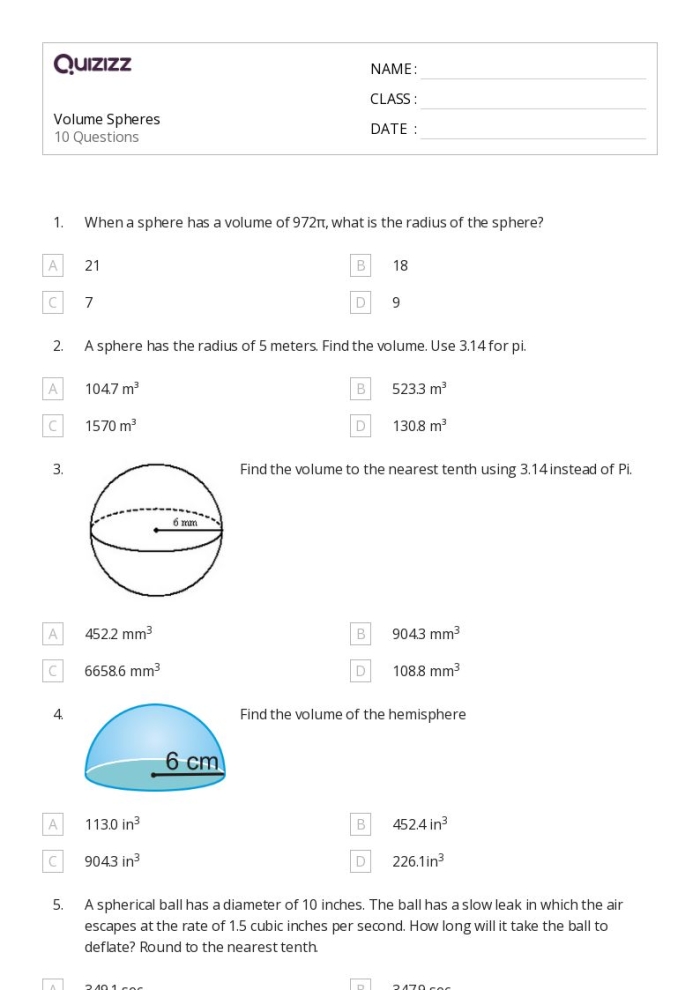 Volume of Spheres Worksheet Number 10 for Eighth Grade Geometry Eighth grade geometry worksheet featuring practice problems for calculating the volume of spheres with mixed operations