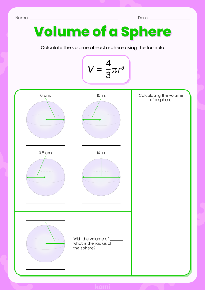 Volume of Spheres Worksheet 25 Geometry Practice Eighth grade geometry worksheet featuring practice problems for calculating the volume of spheres