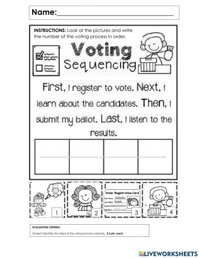 First grade students learning about voting and democracy with reading comprehension activities on a worksheet