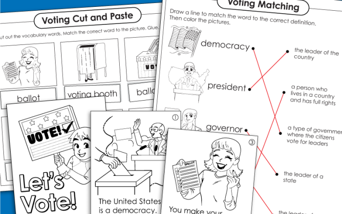 Fourth grade students learning about voting and democratic participation through an educational worksheet activity