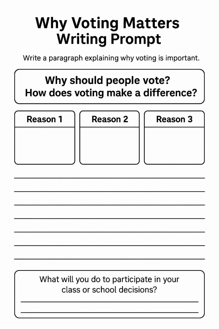 First grade students completing a Why Do We Vote worksheet with reading comprehension questions and voting activity