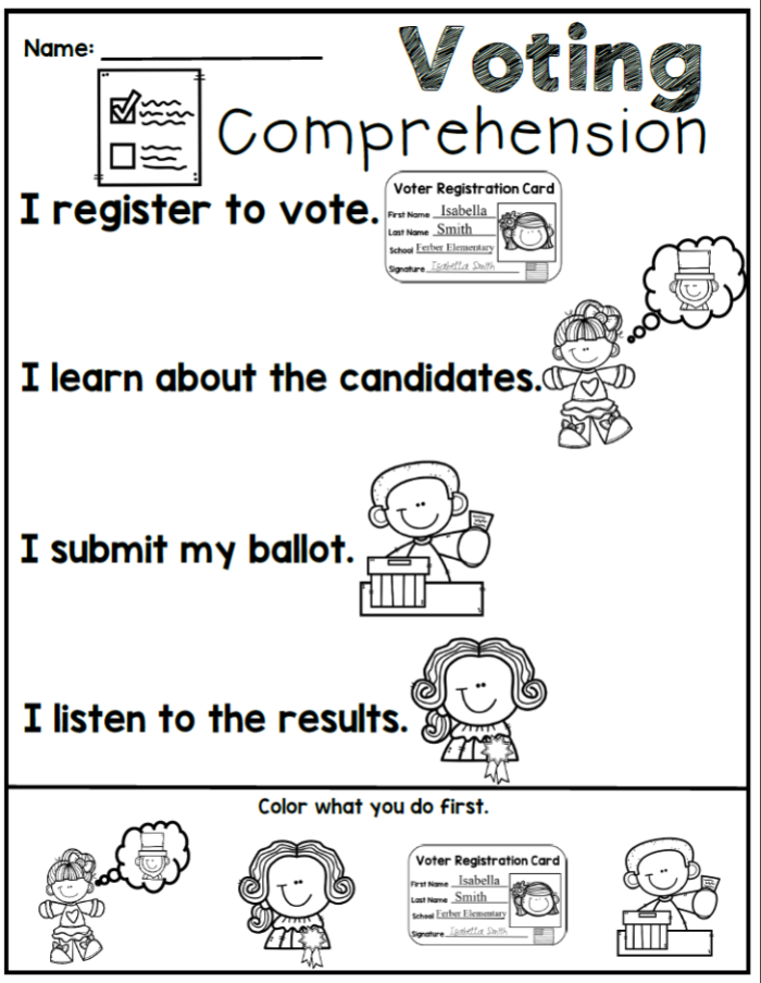 First grade students learning about voting and democracy through a social studies worksheet activity