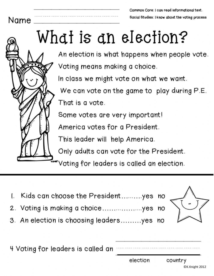 First grade students learning about voting and democracy through a social studies worksheet activity
