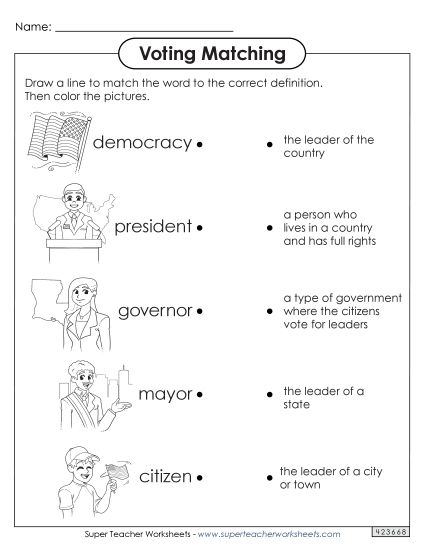 First grade social studies worksheet featuring voting concepts and subtraction math practice