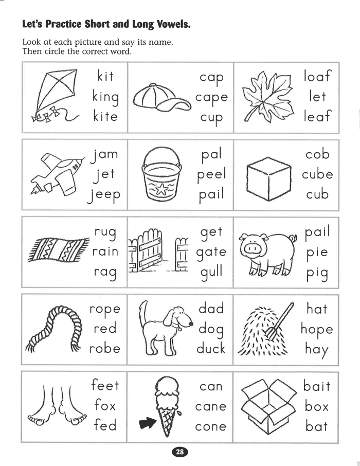 First grade worksheet for practicing long and short vowel identification