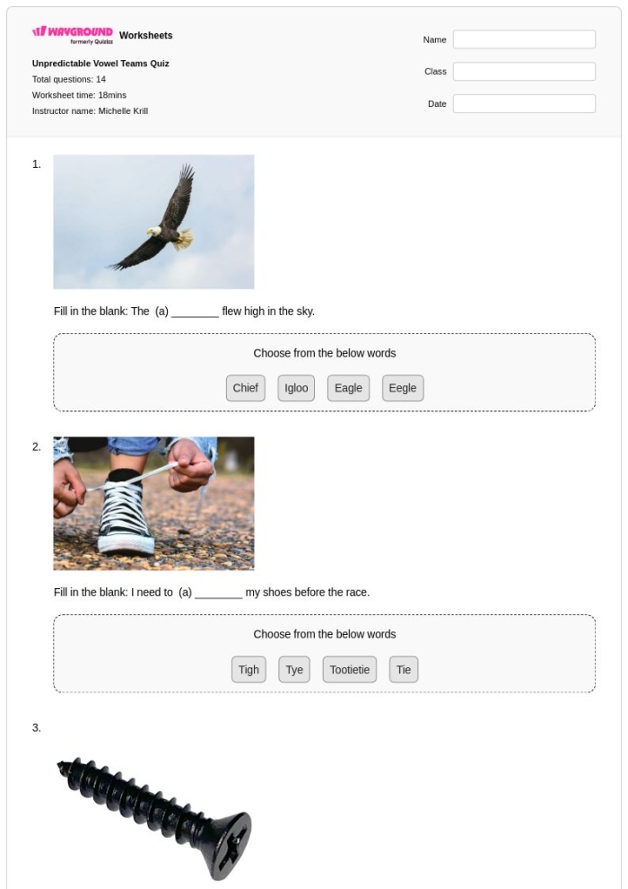 Engaging worksheet illustration to help students learn about vowel teams in familiar words Vowel Teams worksheet for second graders featuring fill-in-the-blanks and a wordsearch activity
