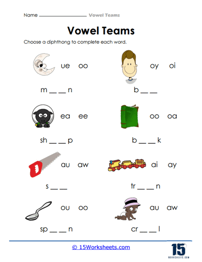 Educational Vowel Teams Practice Worksheet for Second Grade Students Second grade vowel teams worksheet featuring fill-in-the-blank exercises and a word search puzzle