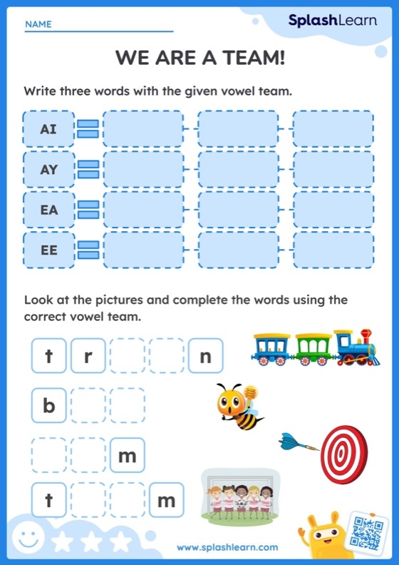 Engaging educational image illustrating vowel teams for young learners Colorful Vowel Teams worksheet for second graders featuring fill-in-the-blanks and a word search activity