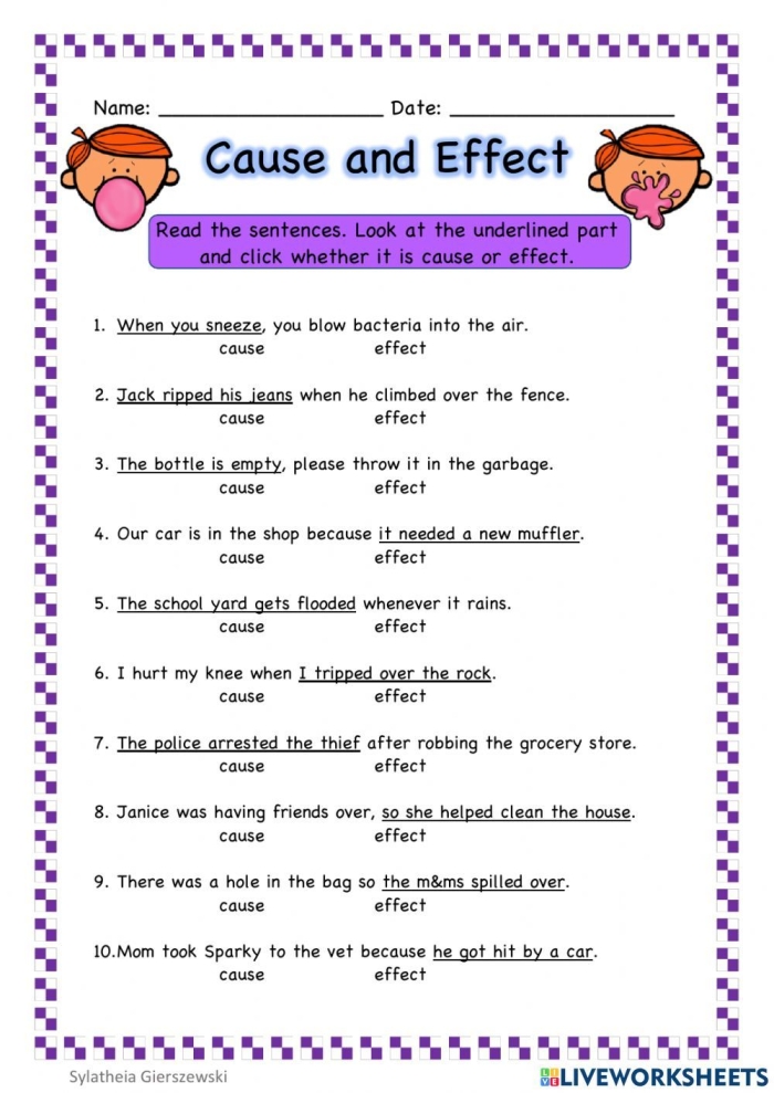 Targeted reading skills practice worksheet focusing on comprehension strategies in literature Worksheet showcasing cause and effect analysis from Walk Two Moons for fifth graders