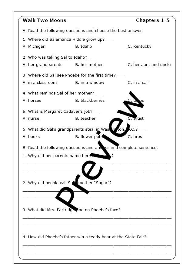 Targeted Reading Skills Practice Cause and Effect in Walk Two Moons worksheet 10 Fifth grade reading comprehension worksheet focusing on cause and effect relationships in Walk Two Moons excerpt