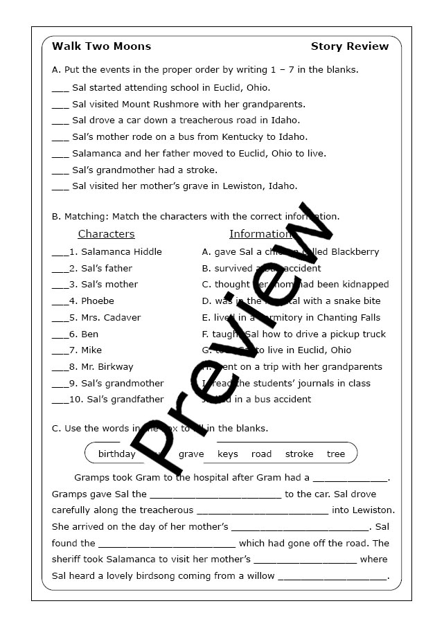 Targeted Reading Skills Practice Cause and Effect in Walk Two Moons Worksheet 24 Fifth grade reading worksheet focusing on identifying cause and effect in the novel Walk Two Moons